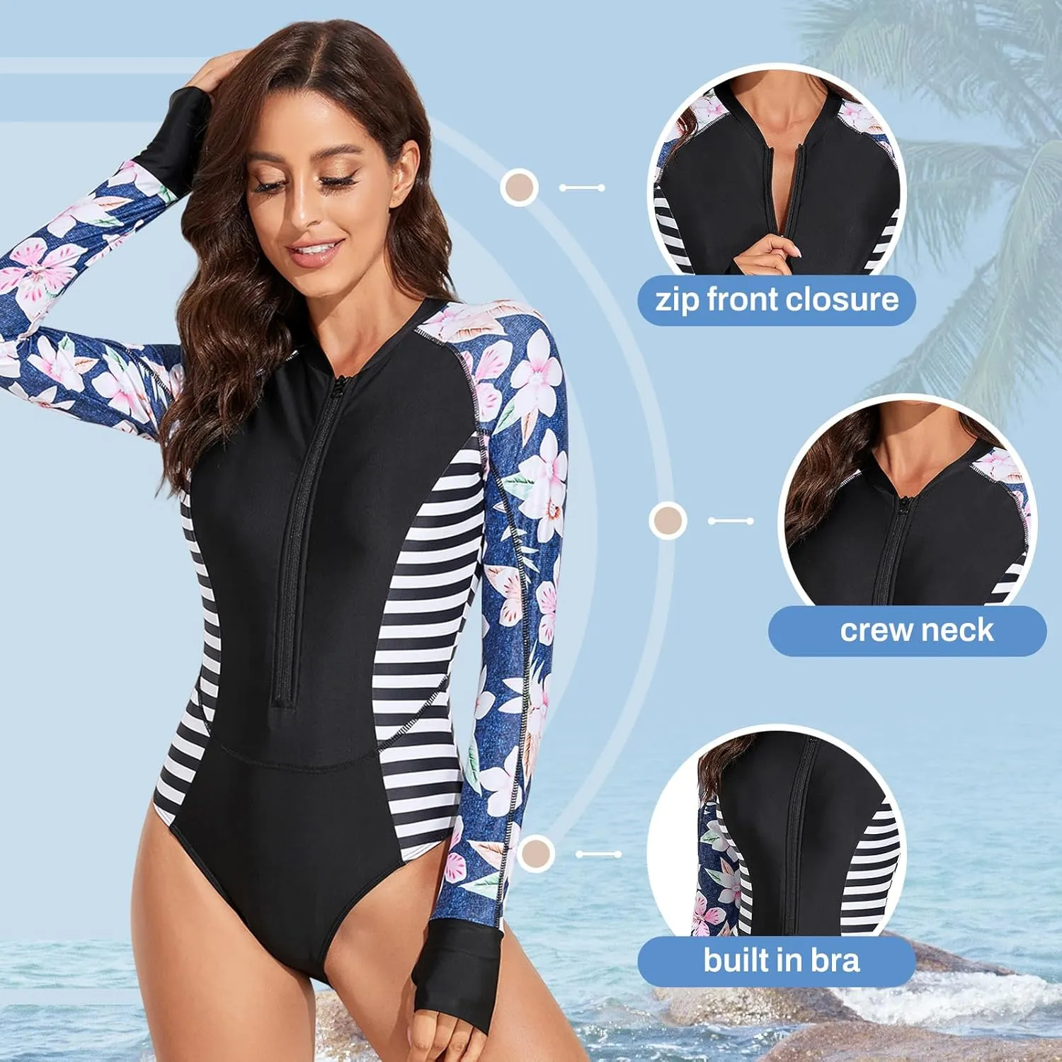 Rash Guard Long Sleeve One Piece Swimsuit for Women Zip Up Bathing Suits Sun Protection Swimwear with Built in Bra