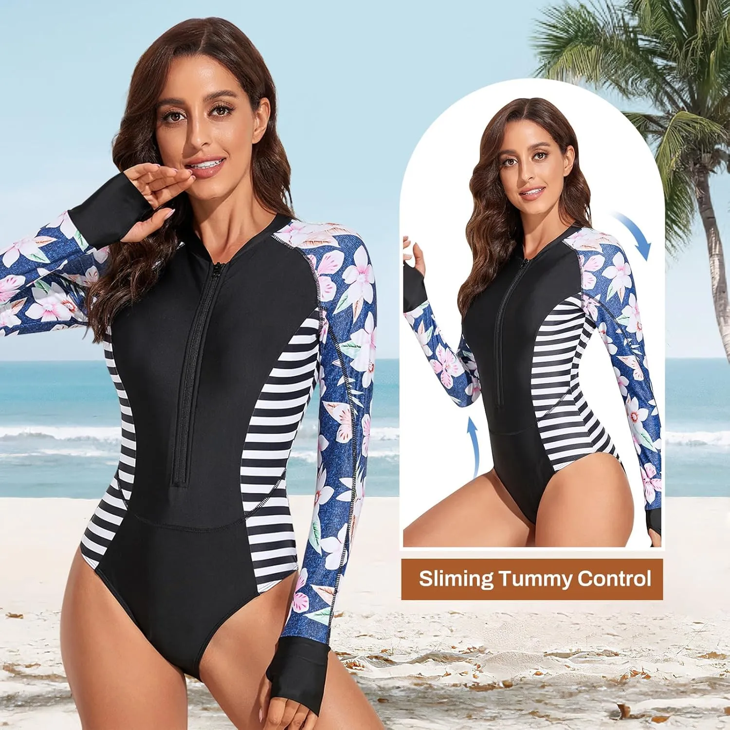 Rash Guard Long Sleeve One Piece Swimsuit for Women Zip Up Bathing Suits Sun Protection Swimwear with Built in Bra