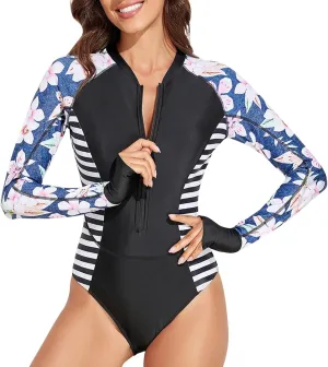 Rash Guard Long Sleeve One Piece Swimsuit for Women Zip Up Bathing Suits Sun Protection Swimwear with Built in Bra
