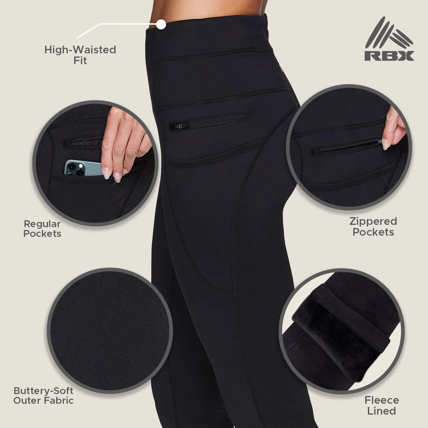 RBX Fleece-Lined Leggings for Women Yoga Pants with Pockets Gym Pants for Cold Weather Full-Length Leggings for Running Yoga
