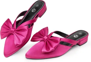 Rekayla Mules for Women Closed Pointed Toe Flats Slip On Women's Mules with Bow Knot Comfortable Backless Loafers Low Heels Casual Work Party Dress Shoes