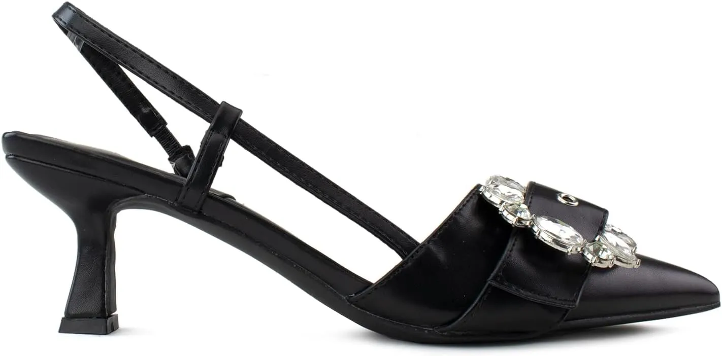 RF ROOM OF FASHION Women's Pointed Toe Slingback Mule Kitten Heel Pumps, Buckle Crystal Jeweled Design, Mary Jane Style