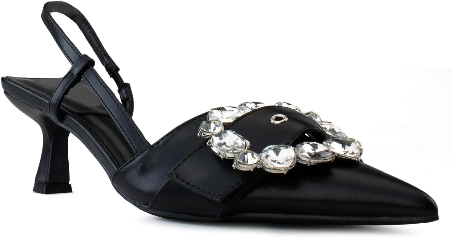 RF ROOM OF FASHION Women's Pointed Toe Slingback Mule Kitten Heel Pumps, Buckle Crystal Jeweled Design, Mary Jane Style