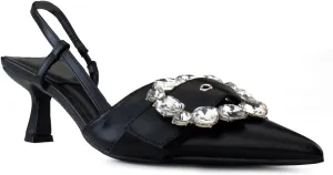 RF ROOM OF FASHION Women's Pointed Toe Slingback Mule Kitten Heel Pumps, Buckle Crystal Jeweled Design, Mary Jane Style