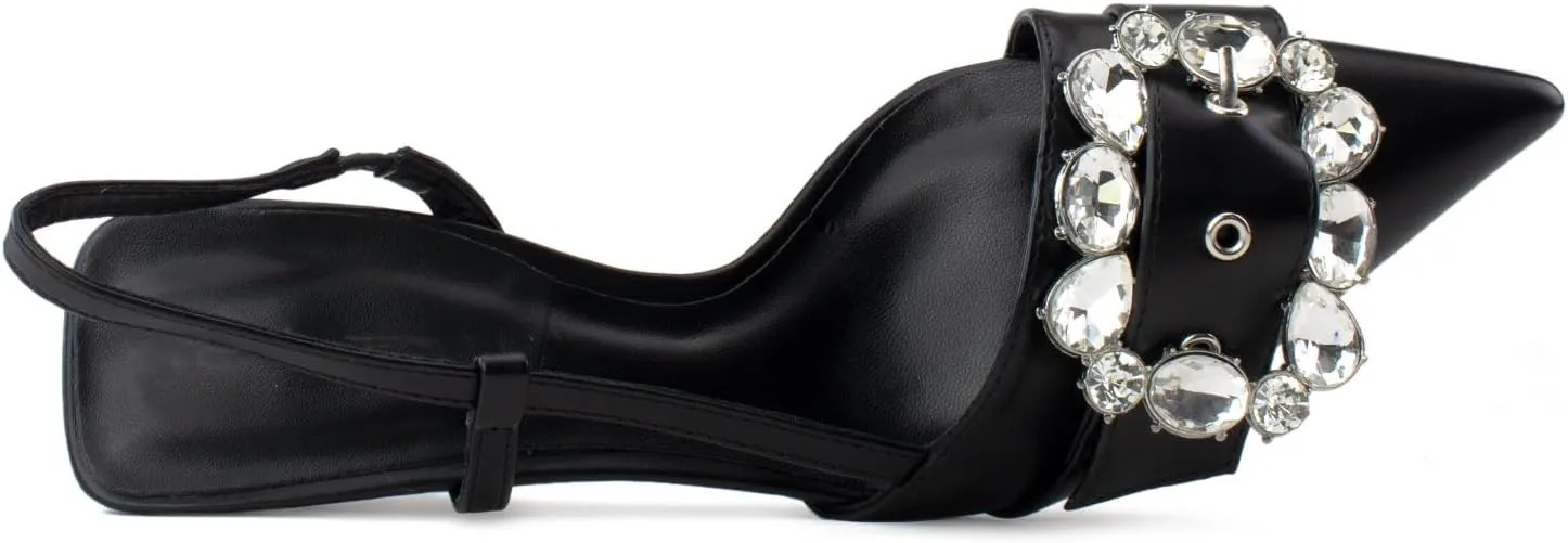 RF ROOM OF FASHION Women's Pointed Toe Slingback Mule Kitten Heel Pumps, Buckle Crystal Jeweled Design, Mary Jane Style
