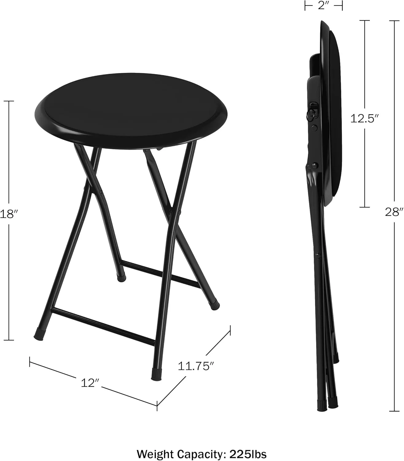 Round Collapsible Stool - Portable Heavy-Duty 18-Inch Folding Desk Chair with 300lbs Capacity for Extra Indoor Seating by Trademark Home (Black)
