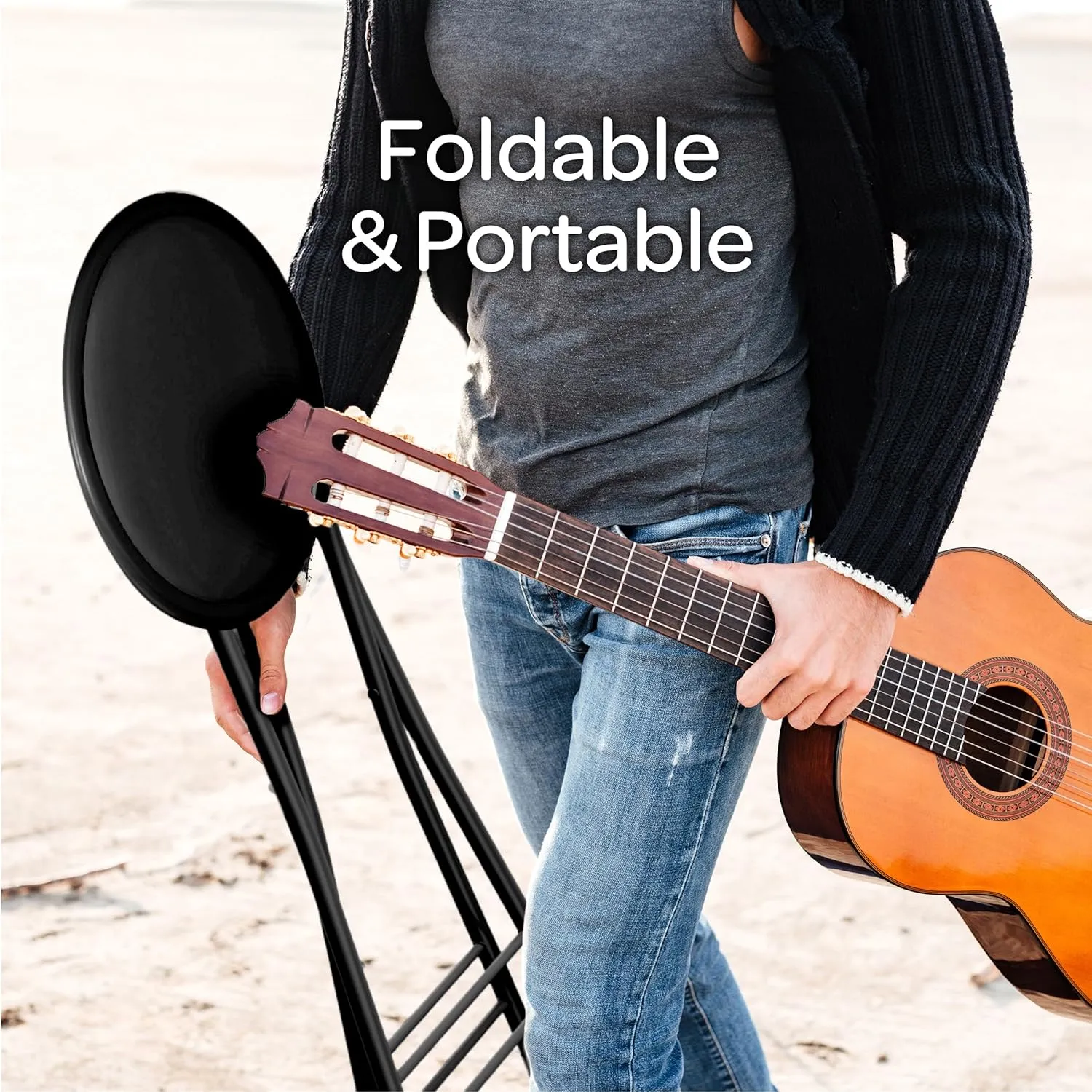 Round Collapsible Stool - Portable Heavy-Duty 18-Inch Folding Desk Chair with 300lbs Capacity for Extra Indoor Seating by Trademark Home (Black)