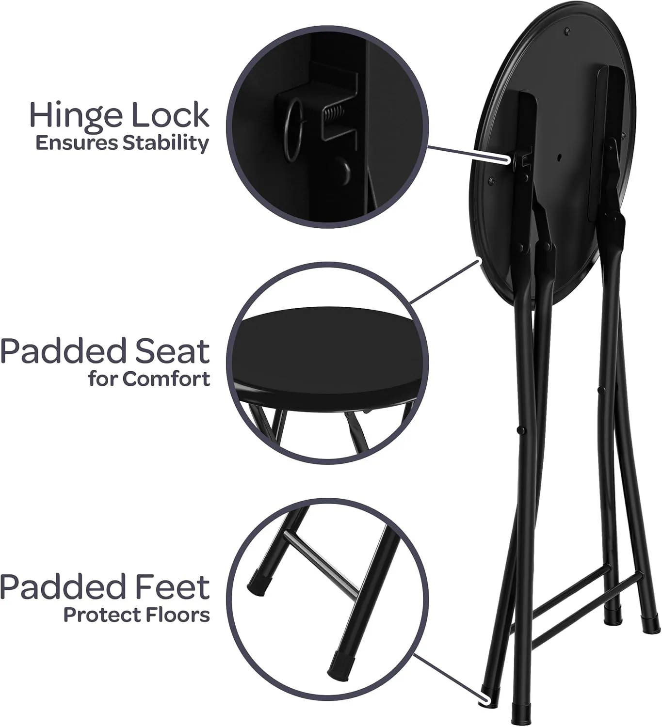Round Collapsible Stool - Portable Heavy-Duty 18-Inch Folding Desk Chair with 300lbs Capacity for Extra Indoor Seating by Trademark Home (Black)