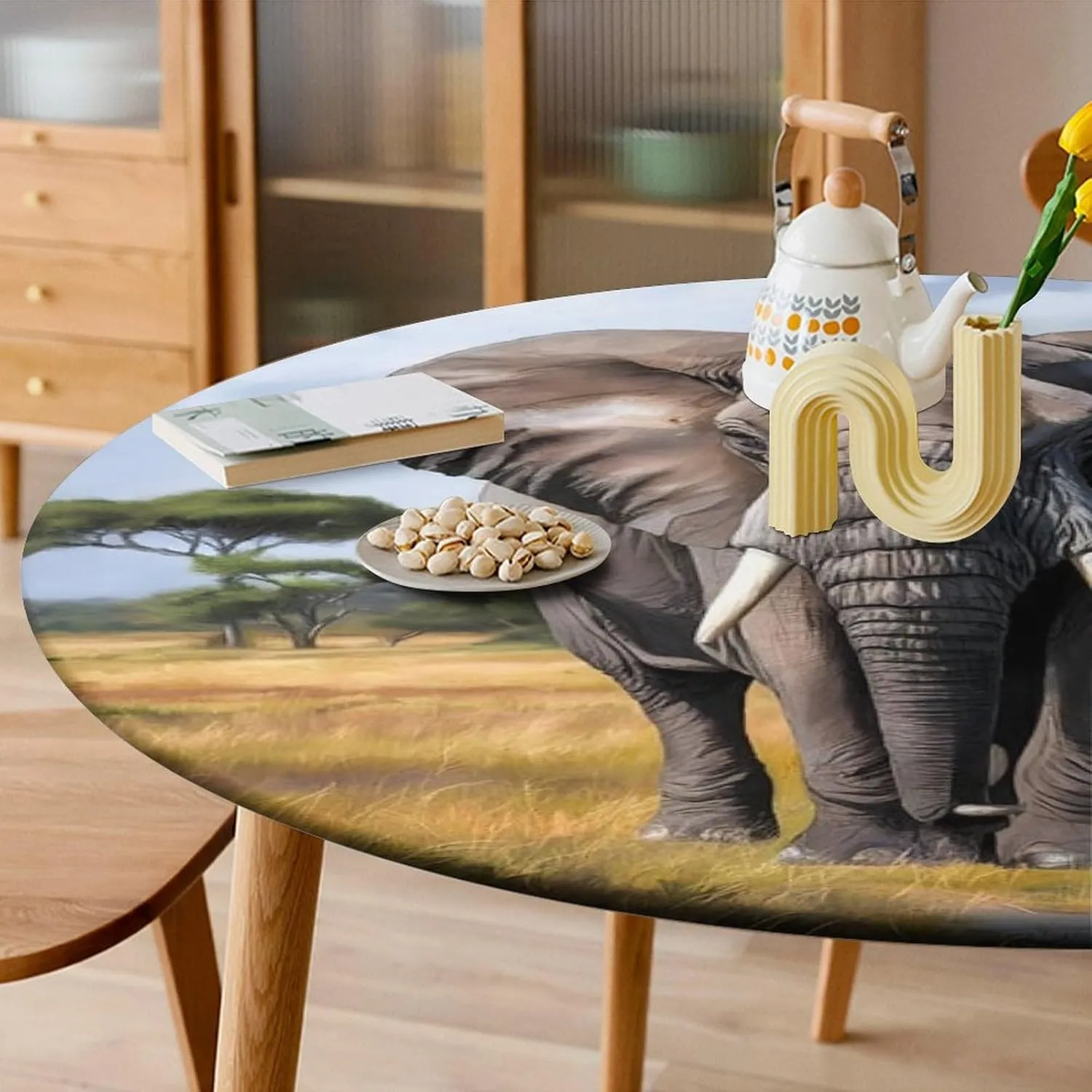 Round Fitted Tablecloth with Elastic Edge, Elephant Grassland Tree Round Outdoor Tablecloth Picnic Table Cover, Oil-Proof Vinyl Elastic Round Tablecloth for Kitchen Dining (47 Inch)