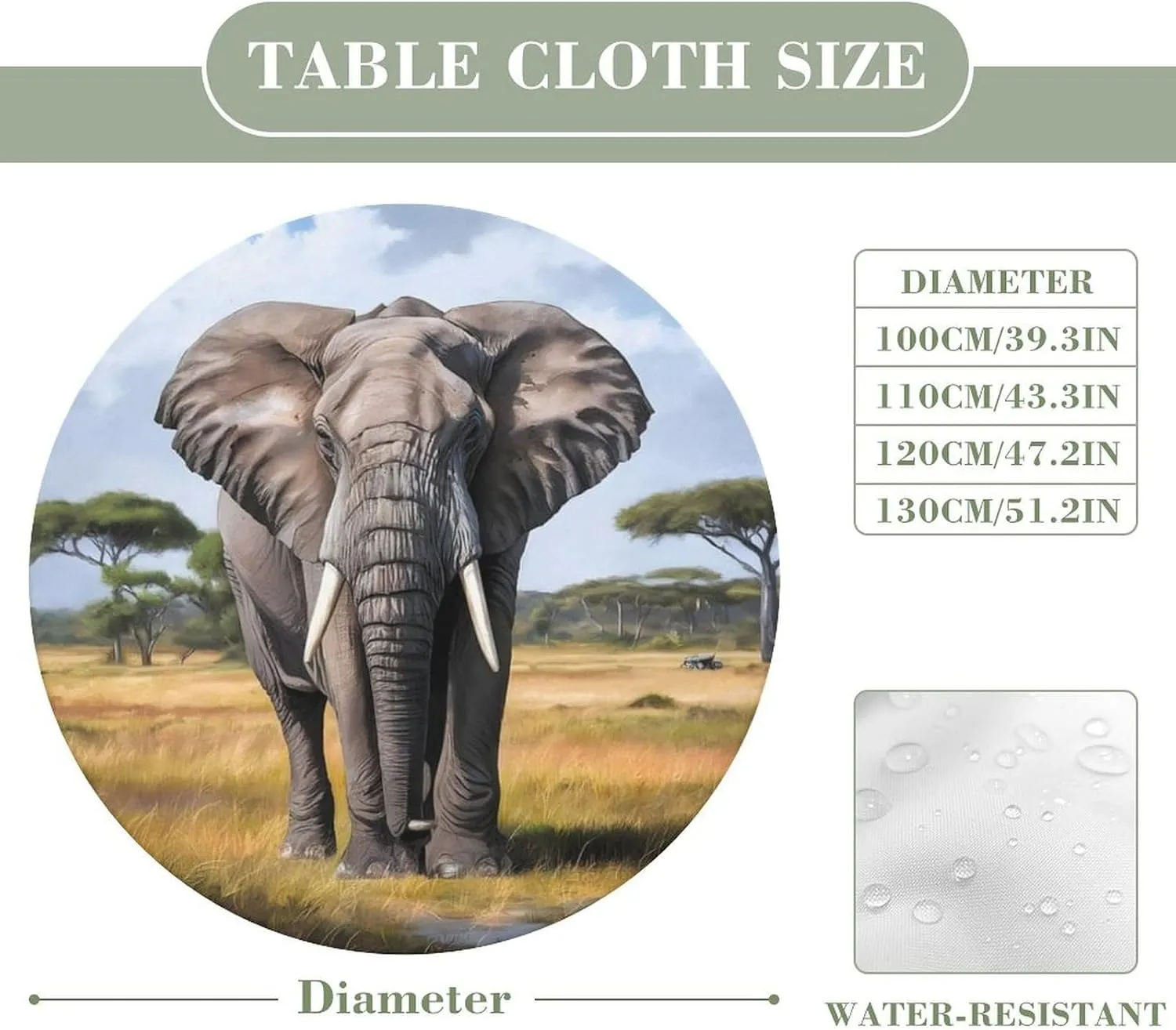 Round Fitted Tablecloth with Elastic Edge, Elephant Grassland Tree Round Outdoor Tablecloth Picnic Table Cover, Oil-Proof Vinyl Elastic Round Tablecloth for Kitchen Dining (47 Inch)