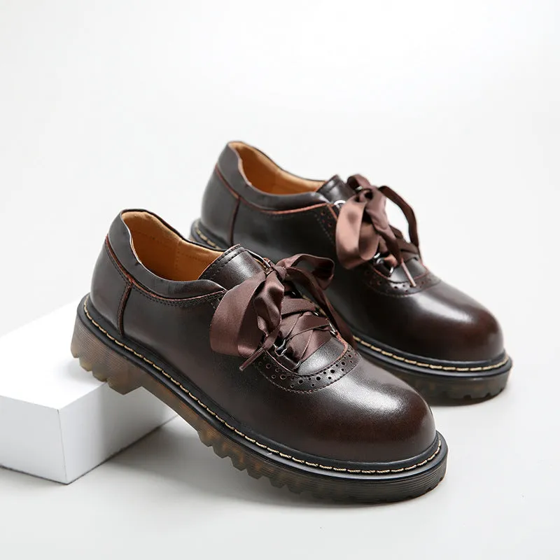 Round Toe Retro Ribbon Lace Up Oxford Shoes - Flats