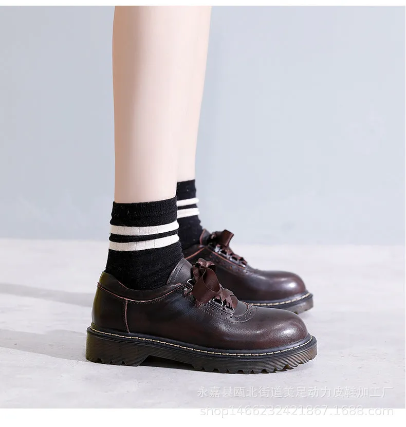 Round Toe Retro Ribbon Lace Up Oxford Shoes - Flats