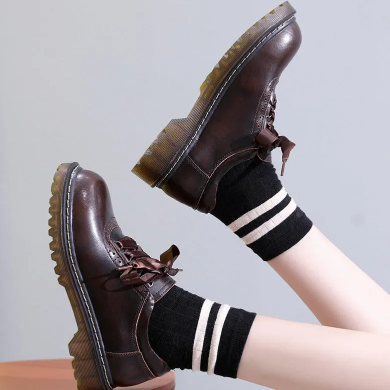 Round Toe Retro Ribbon Lace Up Oxford Shoes - Flats