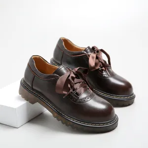 Round Toe Retro Ribbon Lace Up Oxford Shoes - Flats