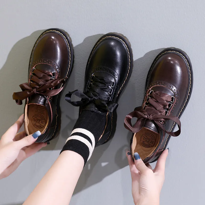 Round Toe Retro Ribbon Lace Up Oxford Shoes - Flats