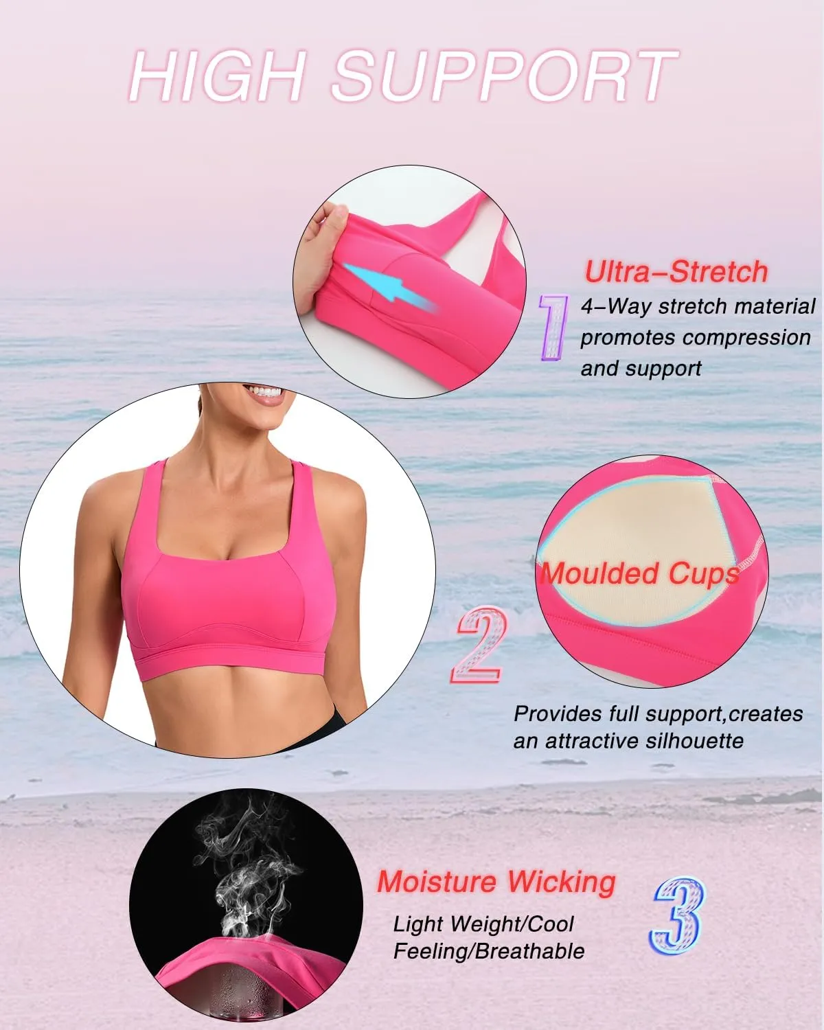 RUNNING GIRL High Impact Sports Bras for Women,Square Neck High Support Bra Moulded Cup Racerback Workout Bra