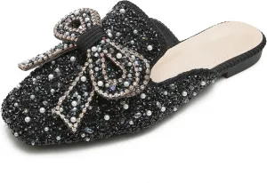 SAFECAMS Women's Rhinestone Bow Flat Mules Comfortable Square Toe Slip on Penny Loafers Ladies Baotou Clogs Half Slides Mules