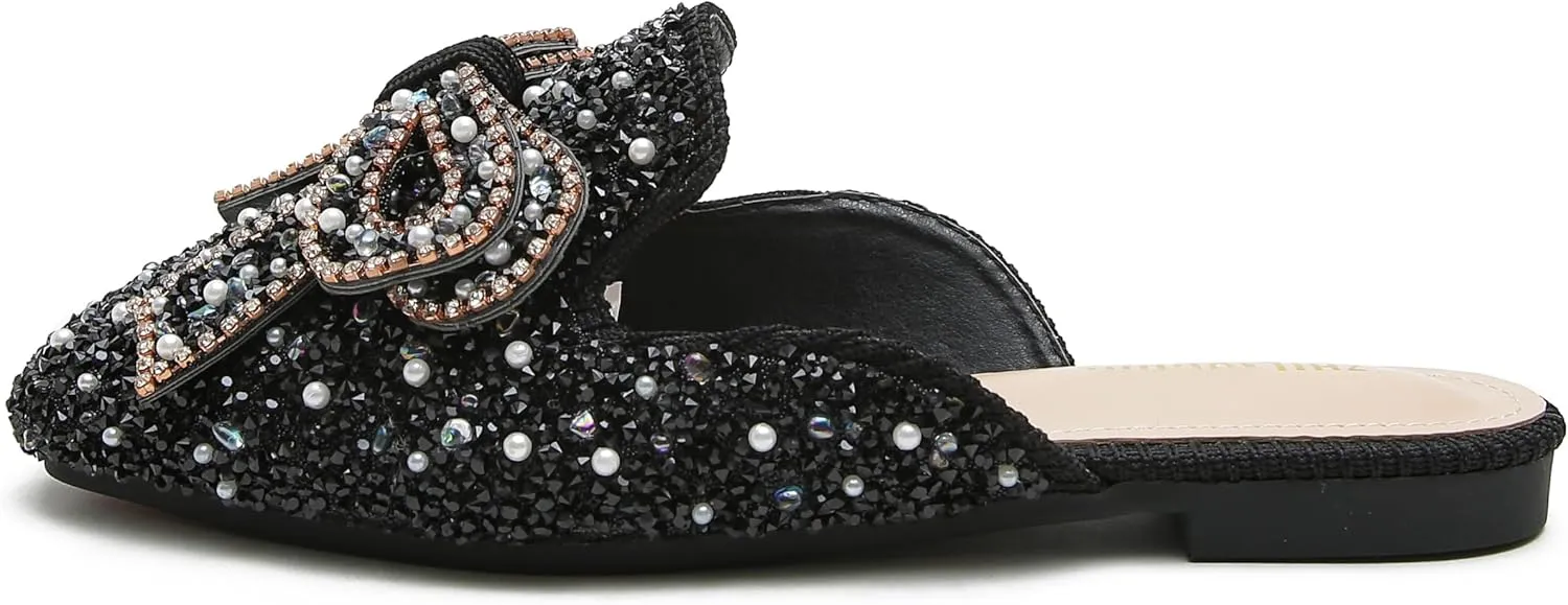 SAFECAMS Women's Rhinestone Bow Flat Mules Comfortable Square Toe Slip on Penny Loafers Ladies Baotou Clogs Half Slides Mules