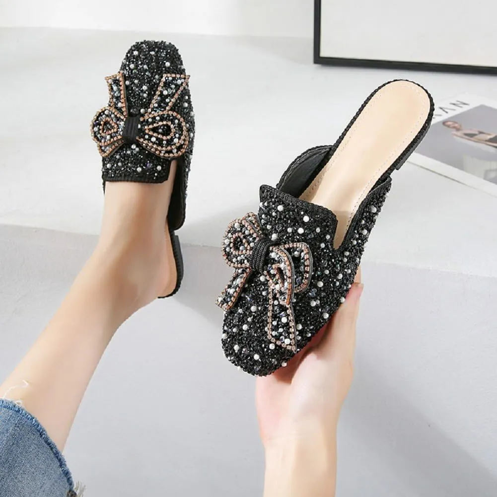 SAFECAMS Women's Rhinestone Bow Flat Mules Comfortable Square Toe Slip on Penny Loafers Ladies Baotou Clogs Half Slides Mules