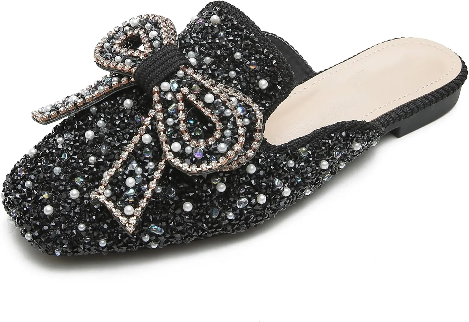 SAFECAMS Women's Rhinestone Bow Flat Mules Comfortable Square Toe Slip on Penny Loafers Ladies Baotou Clogs Half Slides Mules