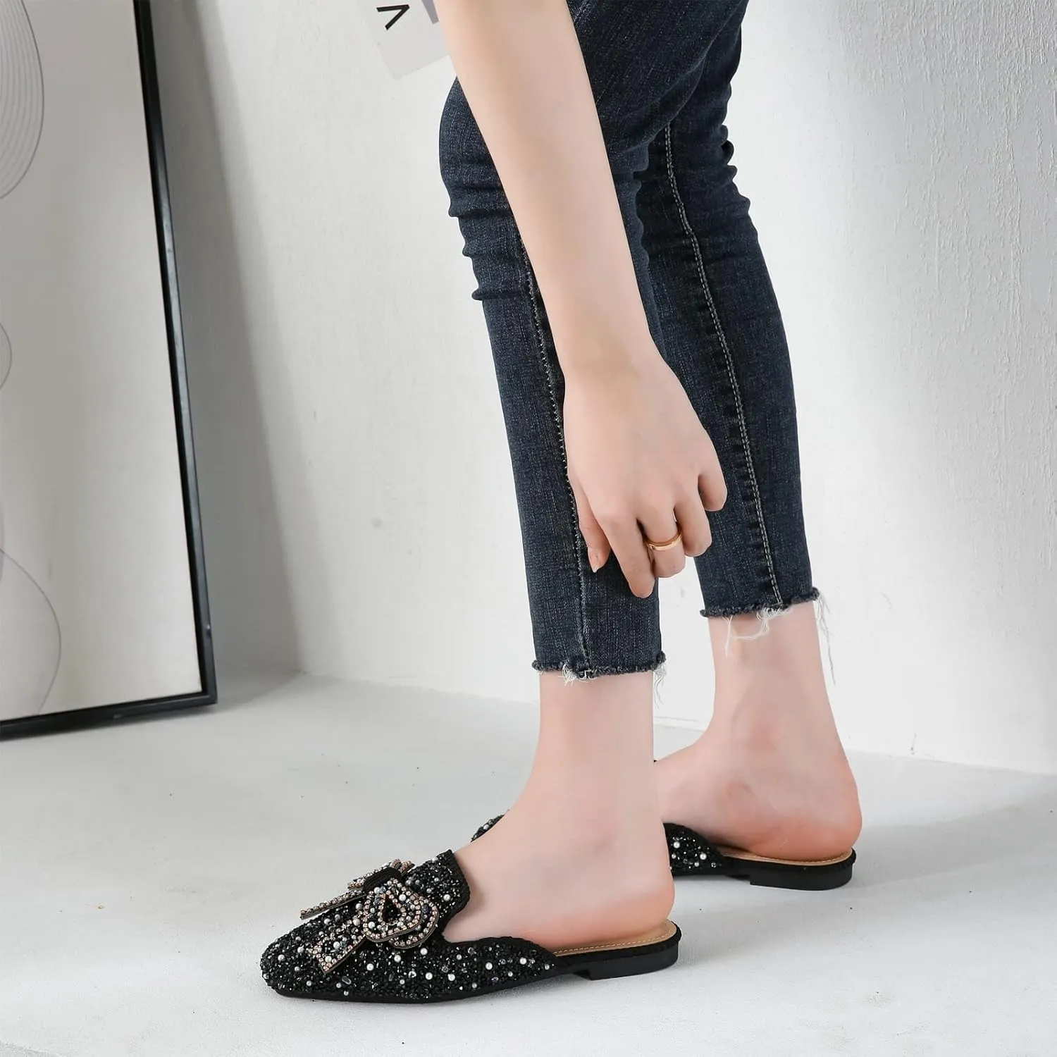 SAFECAMS Women's Rhinestone Bow Flat Mules Comfortable Square Toe Slip on Penny Loafers Ladies Baotou Clogs Half Slides Mules