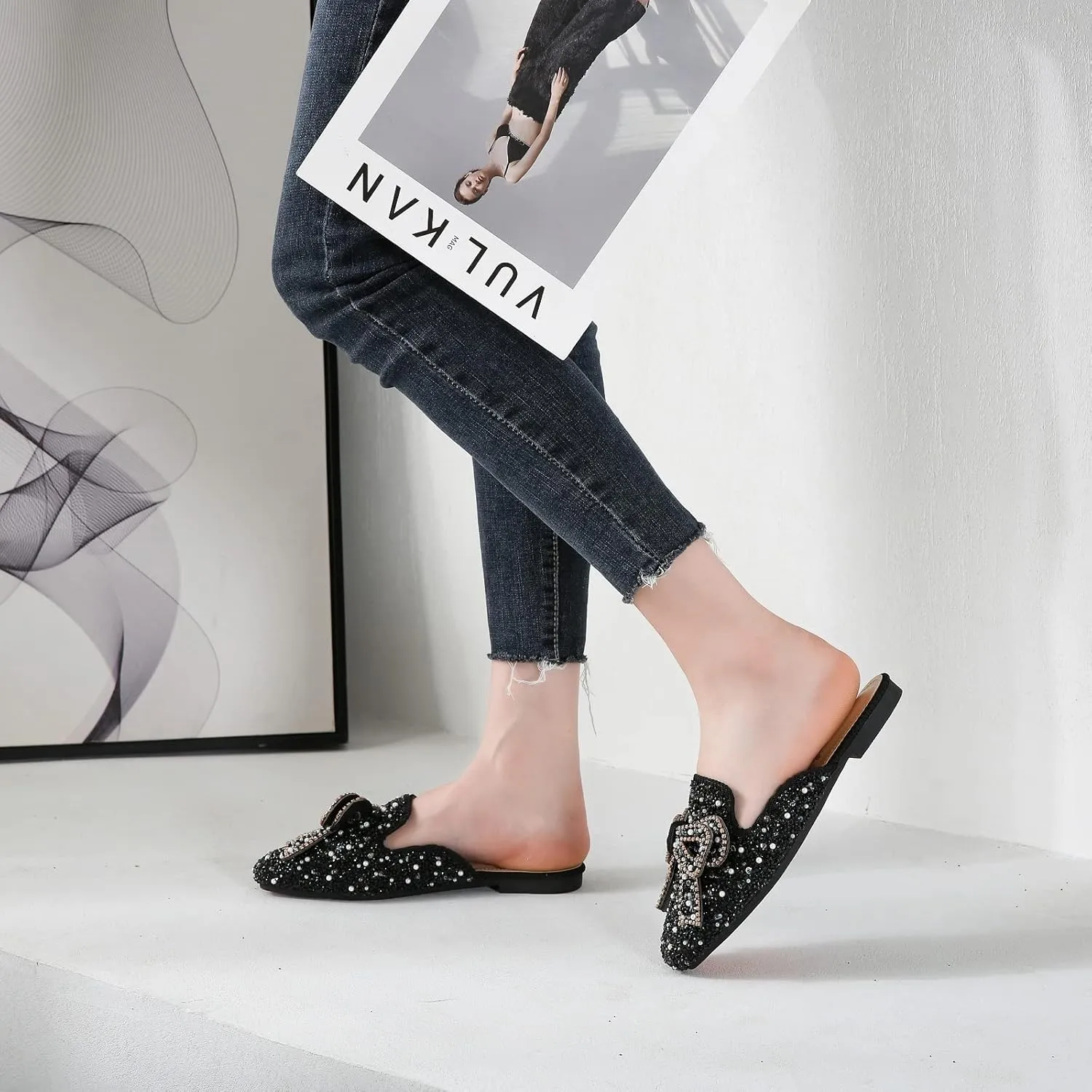 SAFECAMS Women's Rhinestone Bow Flat Mules Comfortable Square Toe Slip on Penny Loafers Ladies Baotou Clogs Half Slides Mules