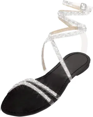 Sandals for Women Rhinestone Shiny Strappy Flat Sandals Dressy Wedding Party Sandals Casual Summer Beach Travel Shoes