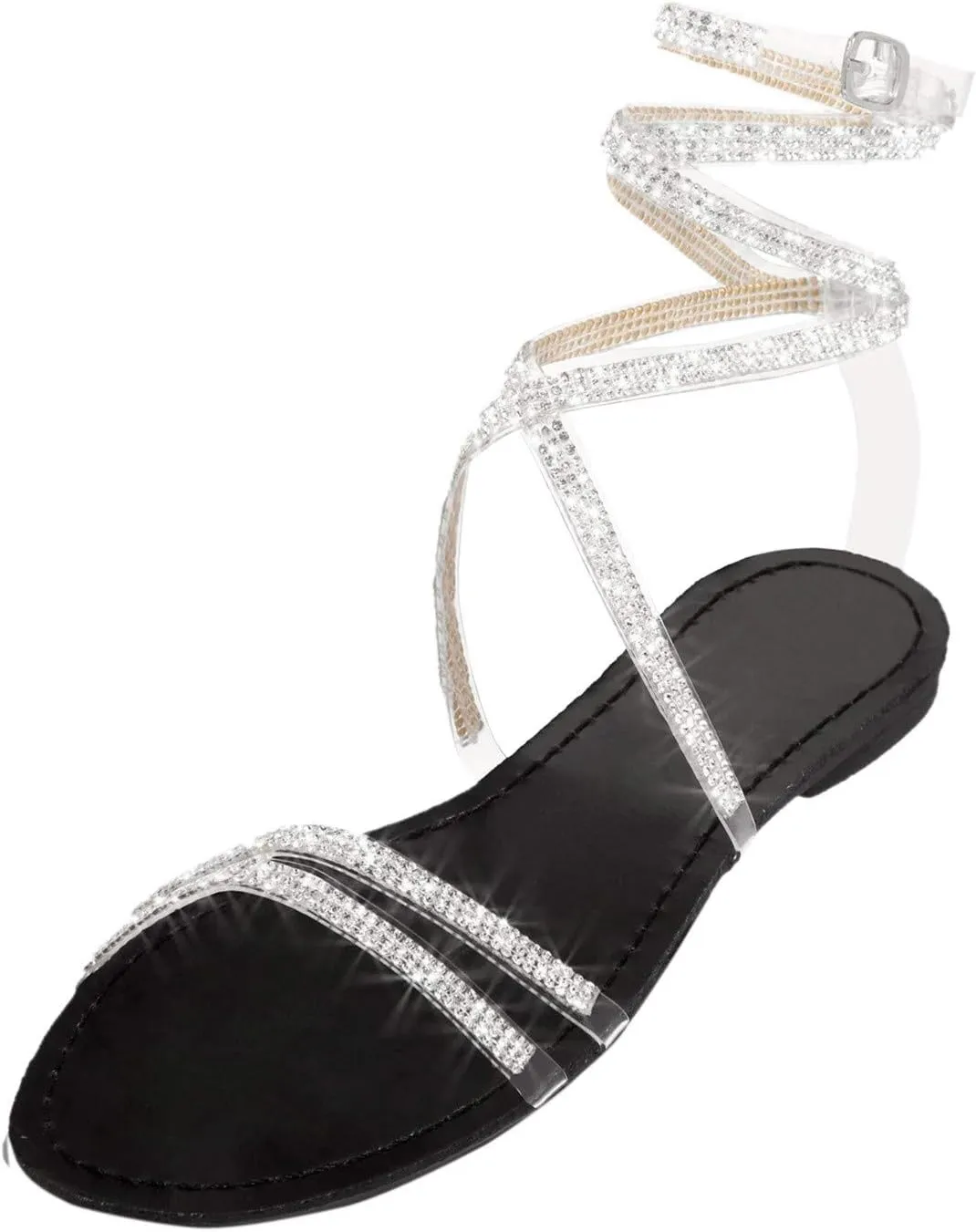 Sandals for Women Rhinestone Shiny Strappy Flat Sandals Dressy Wedding Party Sandals Casual Summer Beach Travel Shoes