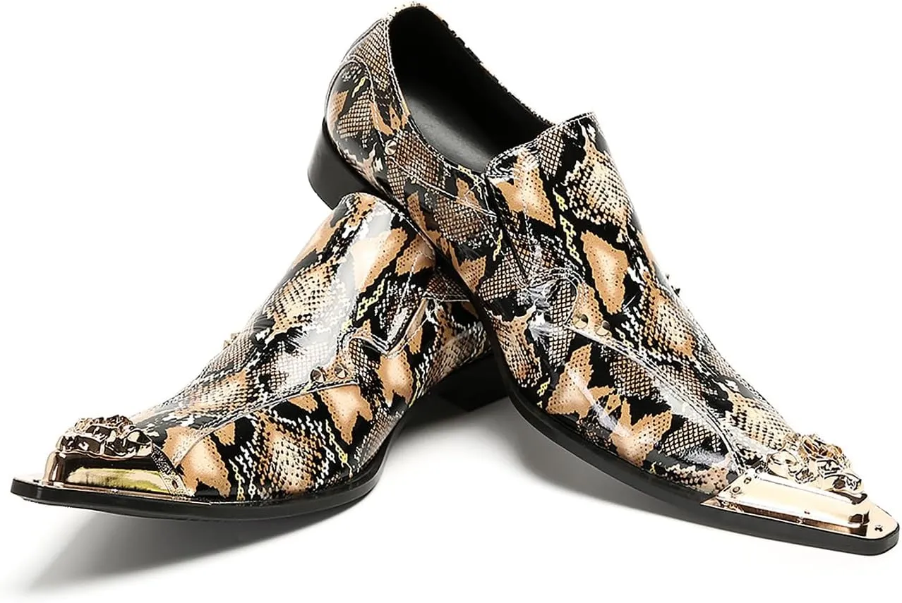 Santimon Mens Loafers Party Dress Slip On Shoes Casual Leather Metal Pointed Toe Wedding Ballroom Fashion Western Summer Shoes for Men