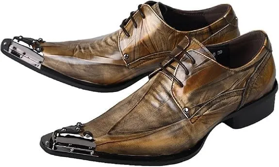 Santimon Mens Western Pointed Toe Leather Lace Up Dress Shoes Fashion Metal Tip Oxford