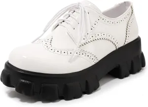 SEIFIN Gothic Lug Sole Oxfords for Women Patent Leather Chunky Heels Platform Pumps Height Increase Lace Up Shoes with Buckled