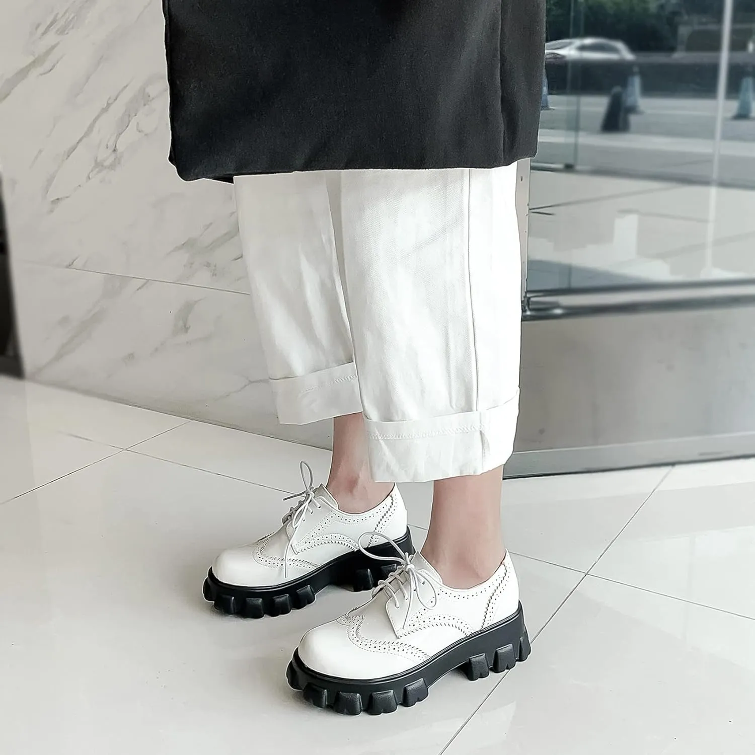 SEIFIN Gothic Lug Sole Oxfords for Women Patent Leather Chunky Heels Platform Pumps Height Increase Lace Up Shoes with Buckled