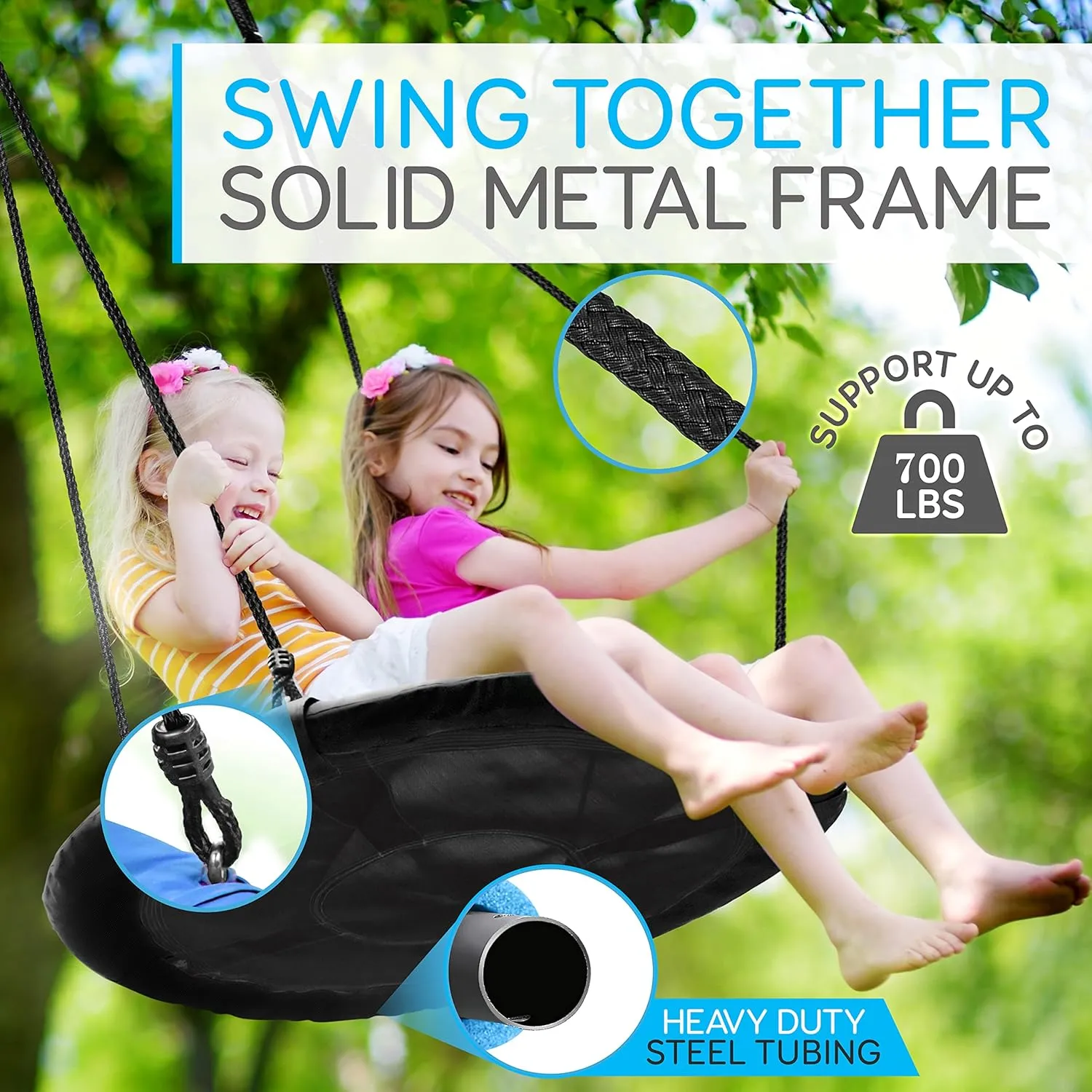 SereneLife Saucer Swing with Tree Hang Kit, 40” Outdoor Tree Swing, 2 Adjustable Hanging Rope Straps and Center Swivel Spinner for Kids (Black)