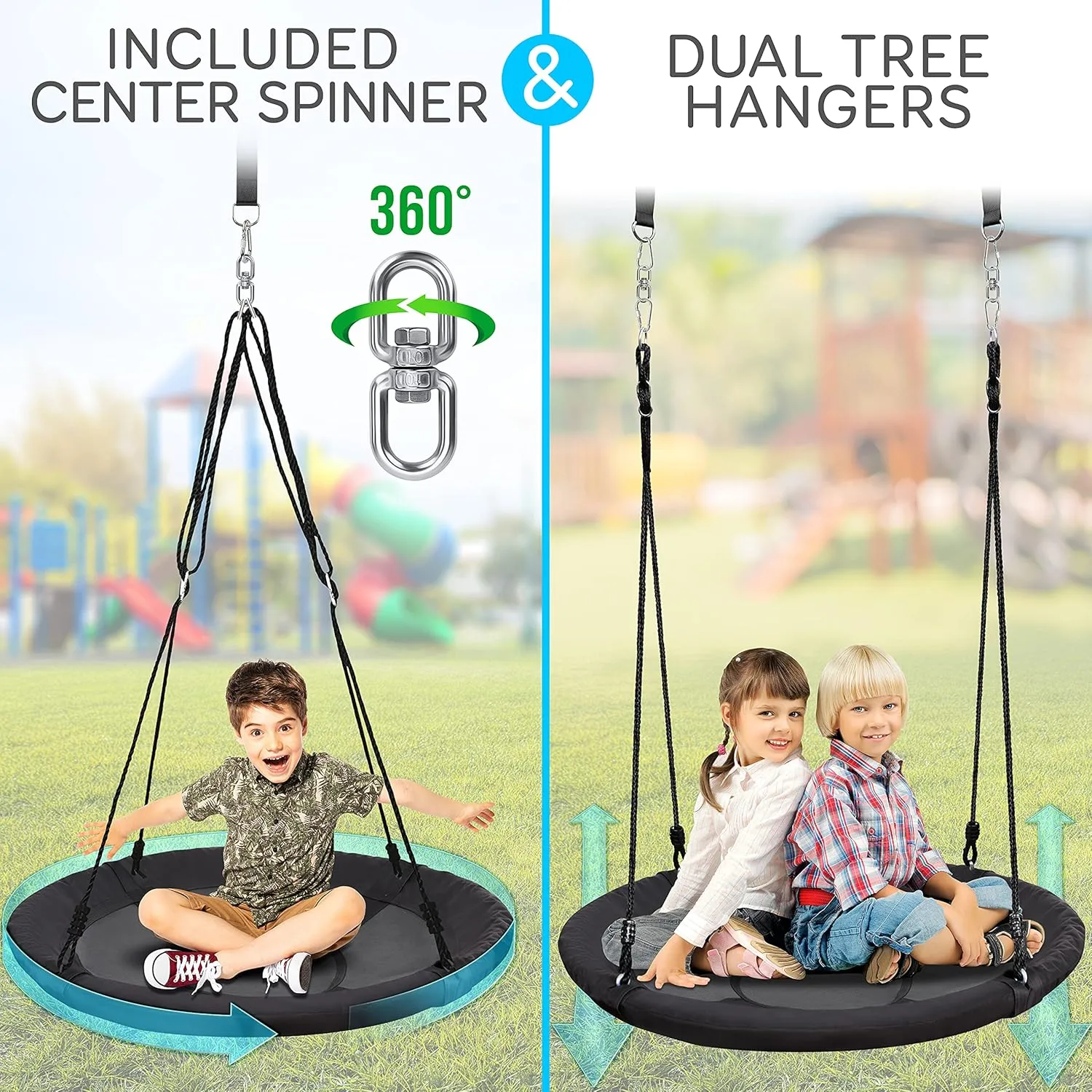 SereneLife Saucer Swing with Tree Hang Kit, 40” Outdoor Tree Swing, 2 Adjustable Hanging Rope Straps and Center Swivel Spinner for Kids (Black)