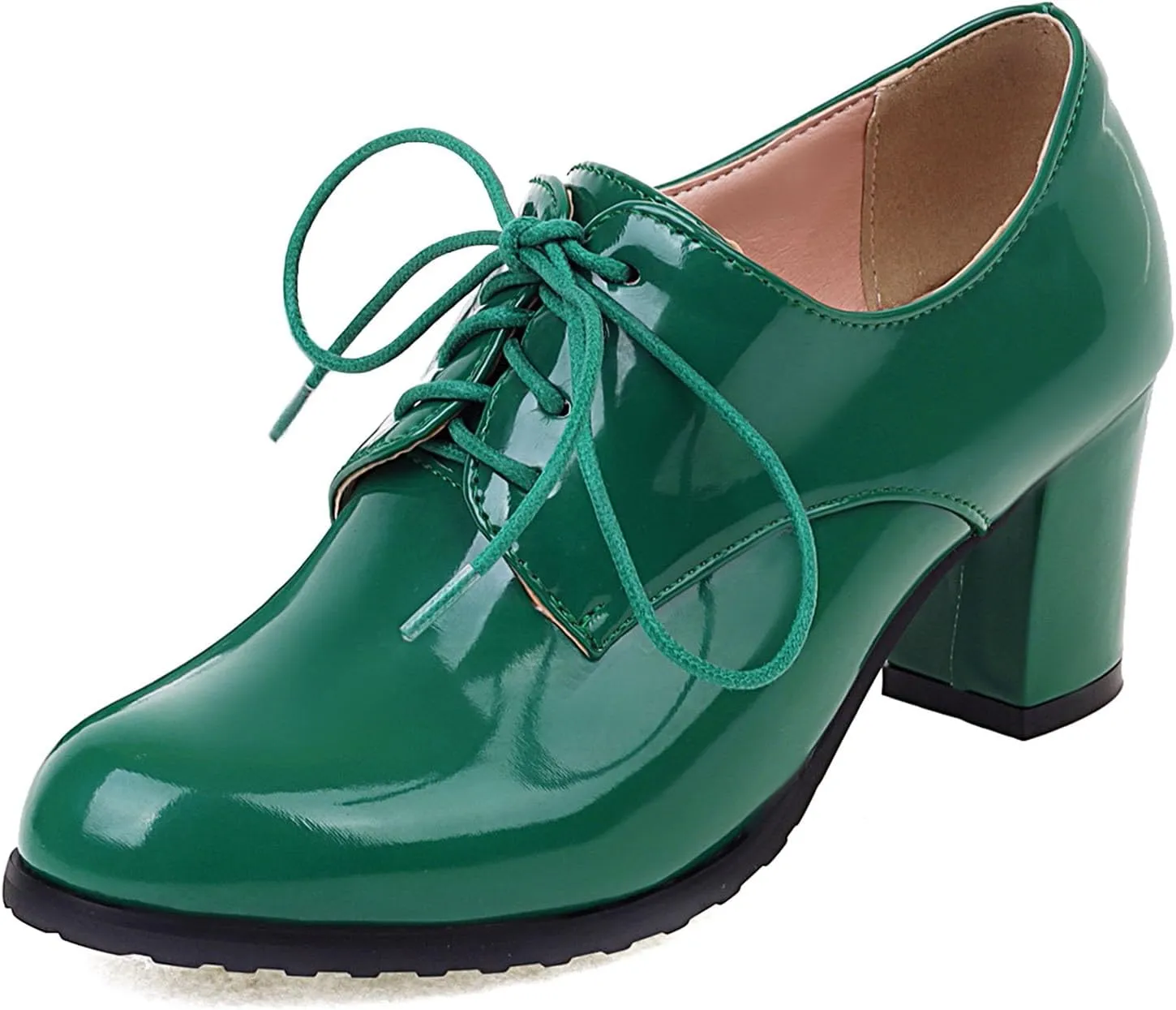 SHEMEE Patent Leather Oxfords for Women Chunky Block Heels Brogues Round Toe Lace Up Pumps Work Office Dress Shoes