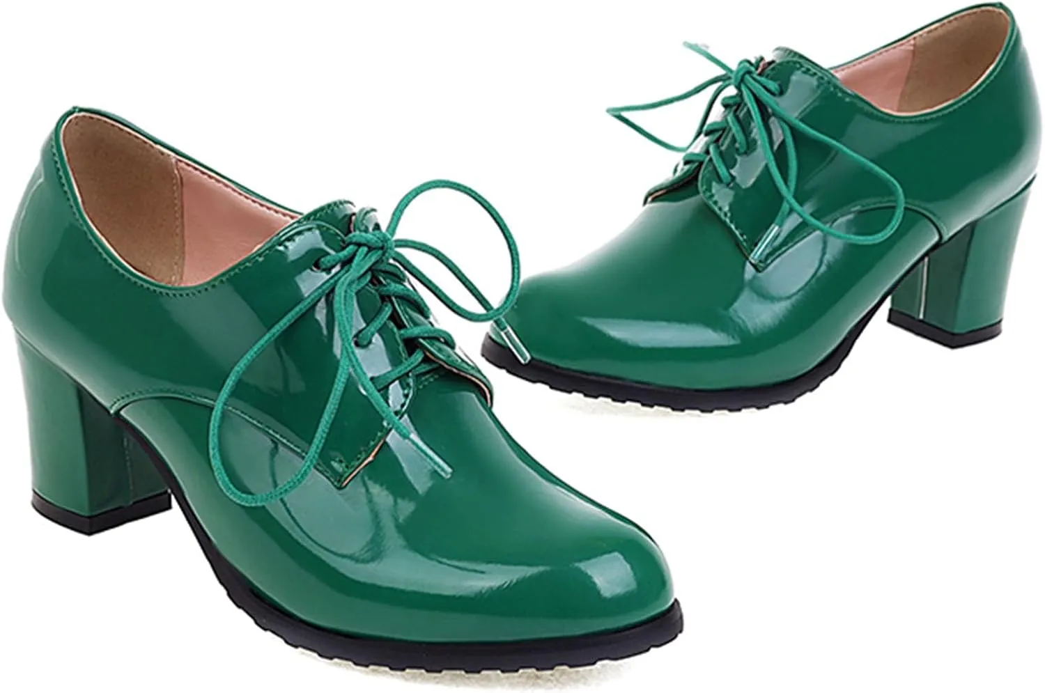 SHEMEE Patent Leather Oxfords for Women Chunky Block Heels Brogues Round Toe Lace Up Pumps Work Office Dress Shoes