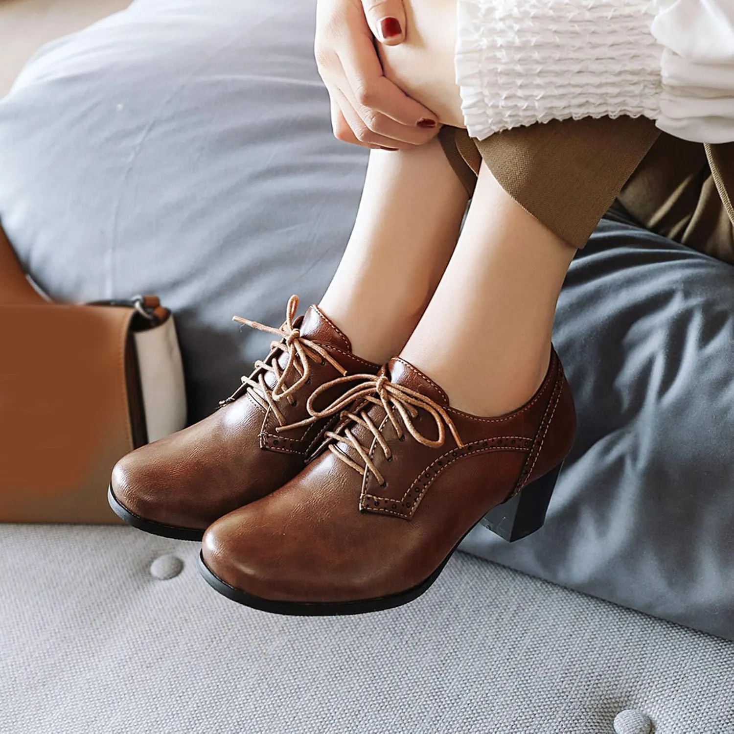 SHEMEE Women's Chunky Mid Heels Oxfords Vintage Round Square Toe Block Heeled Brogues Lace Up Work Offic Dress Shoes