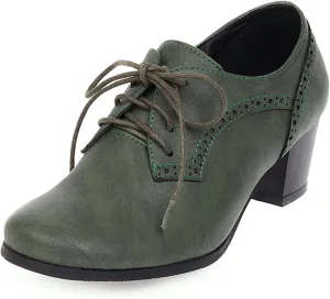 SHEMEE Women's Chunky Mid Heels Oxfords Vintage Round Square Toe Block Heeled Brogues Lace Up Work Offic Dress Shoes