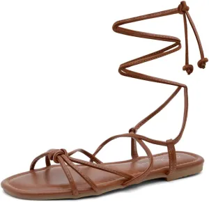 Shoe Land Flashh Women's Flat Strappy Lace Up Sandal Open Toe Comfortable Dressy Gladiator Sandals Tie up Ankle Strap Shoes for Summer