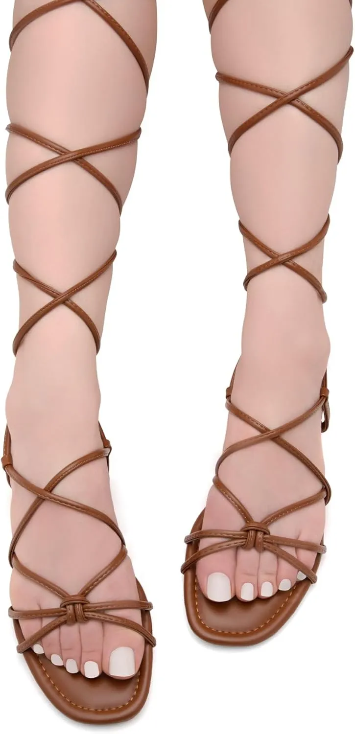 Shoe Land Flashh Women's Flat Strappy Lace Up Sandal Open Toe Comfortable Dressy Gladiator Sandals Tie up Ankle Strap Shoes for Summer