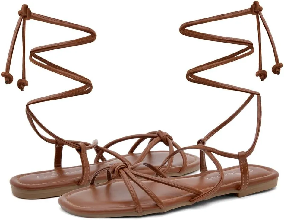 Shoe Land Flashh Women's Flat Strappy Lace Up Sandal Open Toe Comfortable Dressy Gladiator Sandals Tie up Ankle Strap Shoes for Summer