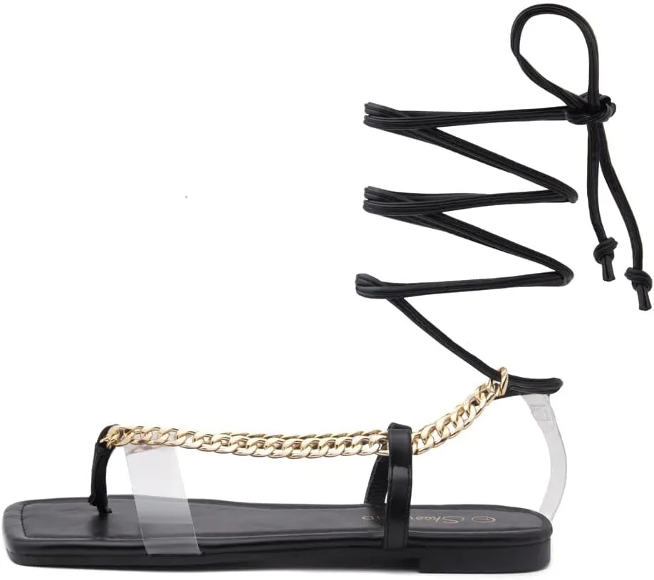 Shoe Land Flashh Women's Flat Strappy Lace Up Sandal Open Toe Comfortable Dressy Gladiator Sandals Tie up Ankle Strap Shoes for Summer