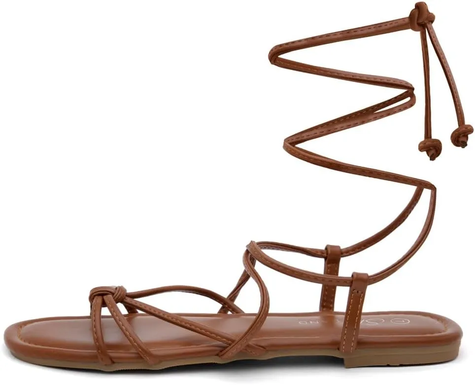 Shoe Land Flashh Women's Flat Strappy Lace Up Sandal Open Toe Comfortable Dressy Gladiator Sandals Tie up Ankle Strap Shoes for Summer