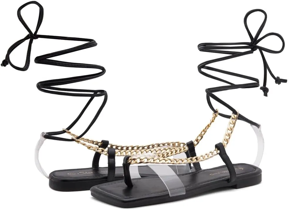 Shoe Land Flashh Women's Flat Strappy Lace Up Sandal Open Toe Comfortable Dressy Gladiator Sandals Tie up Ankle Strap Shoes for Summer