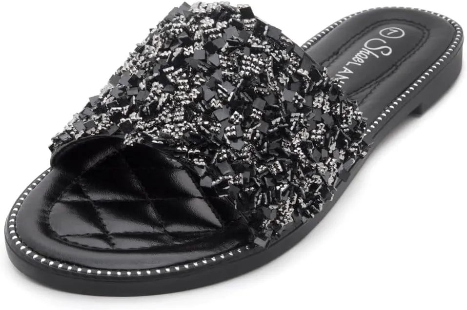 Shoe Land Joli Women's Flat Sandals, Fashion Sparkly Slides, Open Toe Rhinestone Slippers, Glitter Bling Casual Sandals with Cushioned Footbed for Summer, Daily Wear, and Party