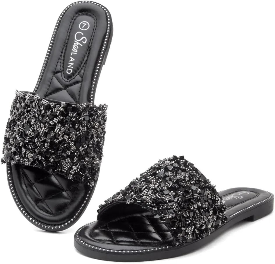 Shoe Land Joli Women's Flat Sandals, Fashion Sparkly Slides, Open Toe Rhinestone Slippers, Glitter Bling Casual Sandals with Cushioned Footbed for Summer, Daily Wear, and Party