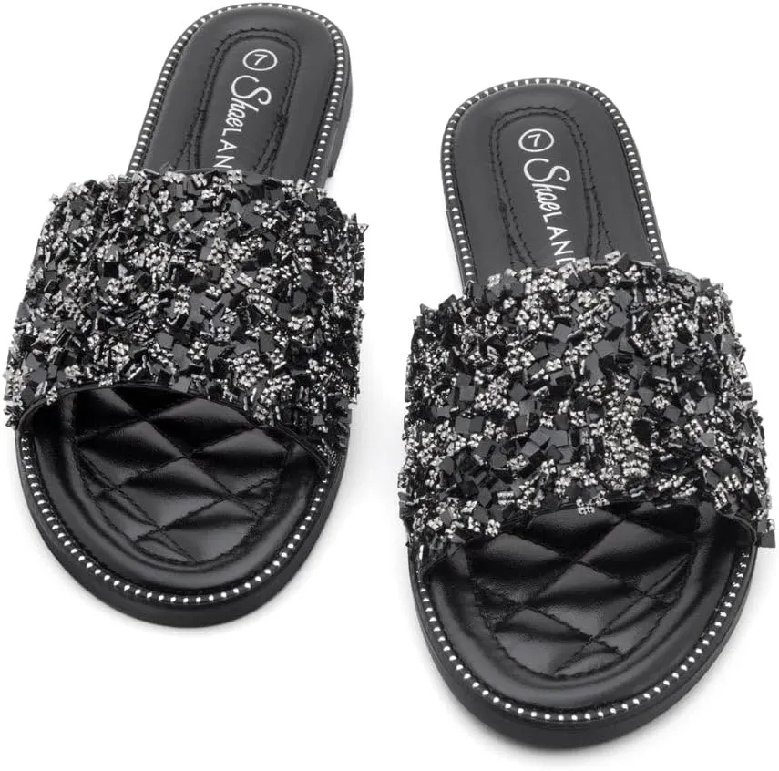 Shoe Land Joli Women's Flat Sandals, Fashion Sparkly Slides, Open Toe Rhinestone Slippers, Glitter Bling Casual Sandals with Cushioned Footbed for Summer, Daily Wear, and Party