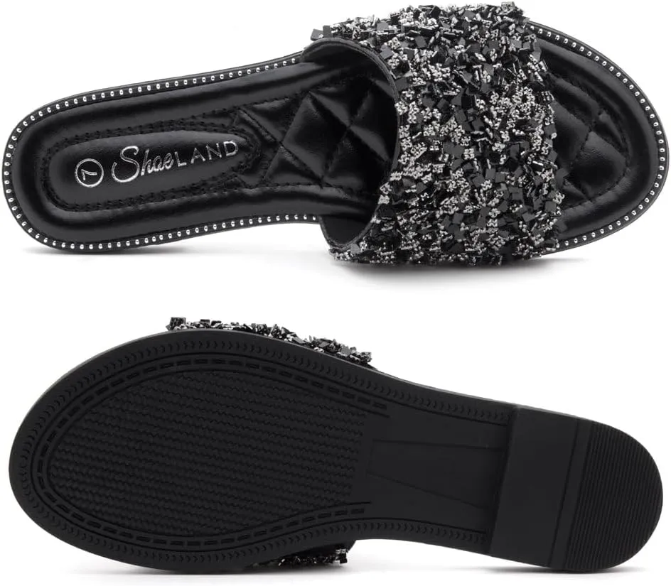 Shoe Land Joli Women's Flat Sandals, Fashion Sparkly Slides, Open Toe Rhinestone Slippers, Glitter Bling Casual Sandals with Cushioned Footbed for Summer, Daily Wear, and Party