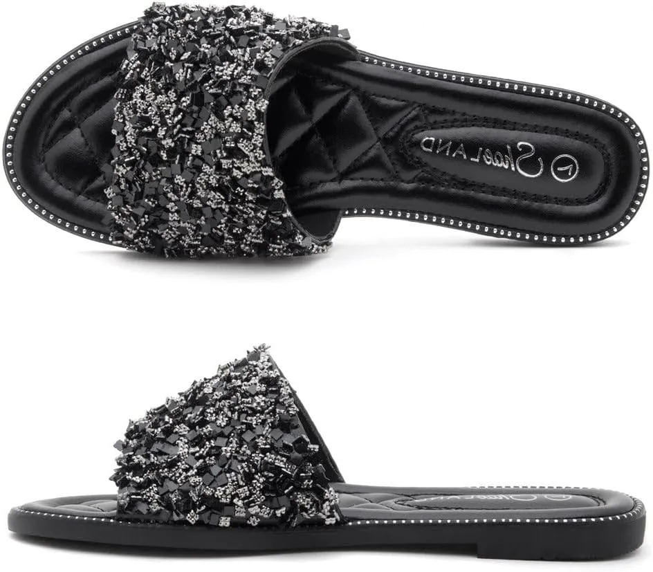 Shoe Land Joli Women's Flat Sandals, Fashion Sparkly Slides, Open Toe Rhinestone Slippers, Glitter Bling Casual Sandals with Cushioned Footbed for Summer, Daily Wear, and Party