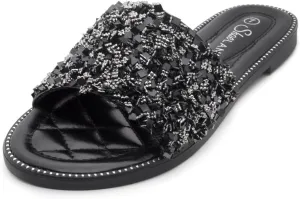 Shoe Land Joli Women's Flat Sandals, Fashion Sparkly Slides, Open Toe Rhinestone Slippers, Glitter Bling Casual Sandals with Cushioned Footbed for Summer, Daily Wear, and Party